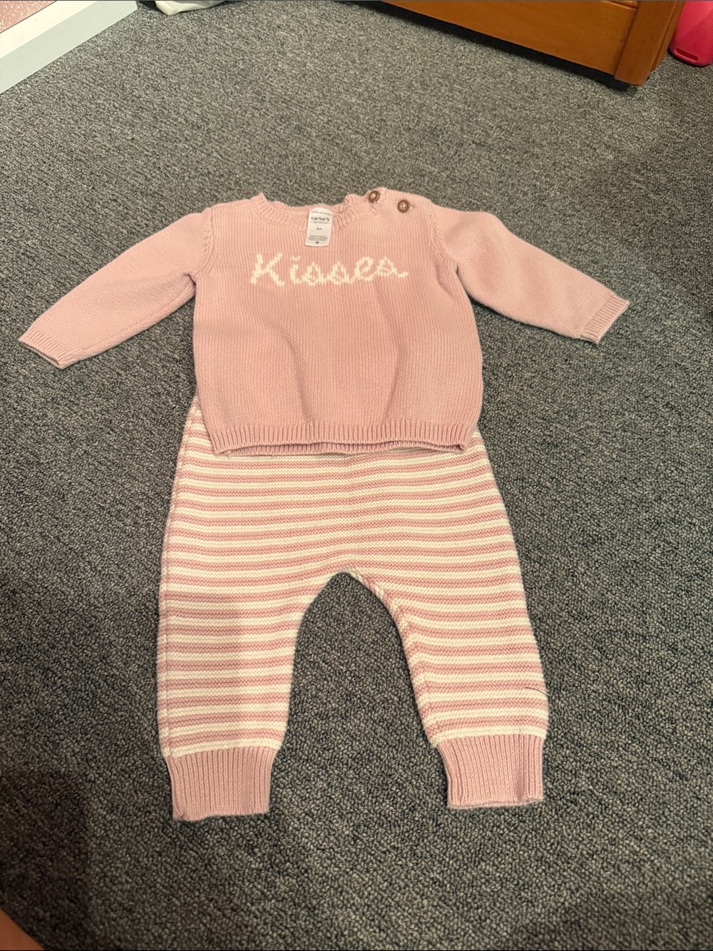 Carter's Pink Knit 'Kisses' Sweater & Striped Pants Set
